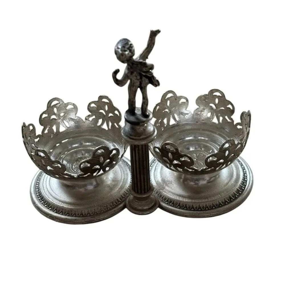Silver Plated Salt & Pepper Container Holders With Cherub In Center